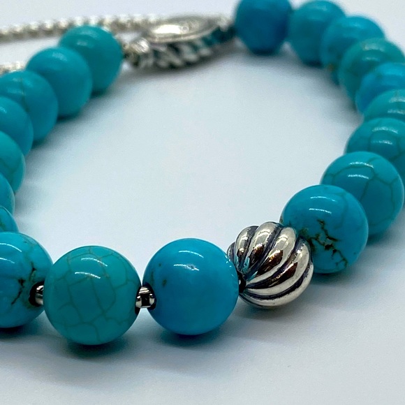 DAVID YURMAN 8mm Spiritual Turquoise Wave Beaded Silver Bracelet W/ Silv… - Picture 2 of 7